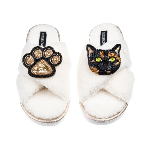 Laines London Laines Neutral Boucle Slippers With Tortoise Shell Cat & Paw Brooches