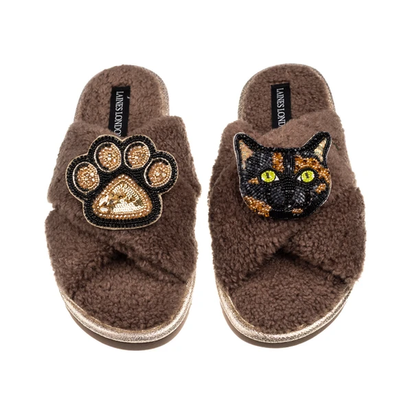 Laines London Laines Neutral Boucle Slippers With Tortoise Shell Cat & Paw Brooches