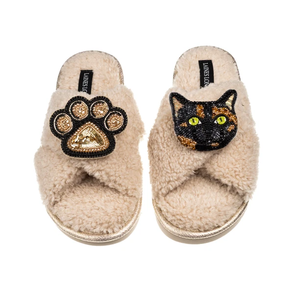 laines london Laines Neutral Boucle Slippers With Tortoise Shell Cat & Paw Brooches