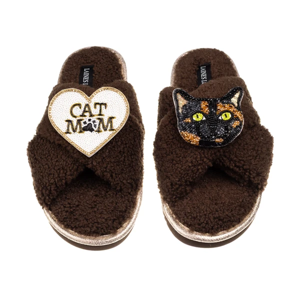 laines london Laines Neutral Boucle Slippers With Tortoise Shell Cat & Cat Mum/Mom Brooches