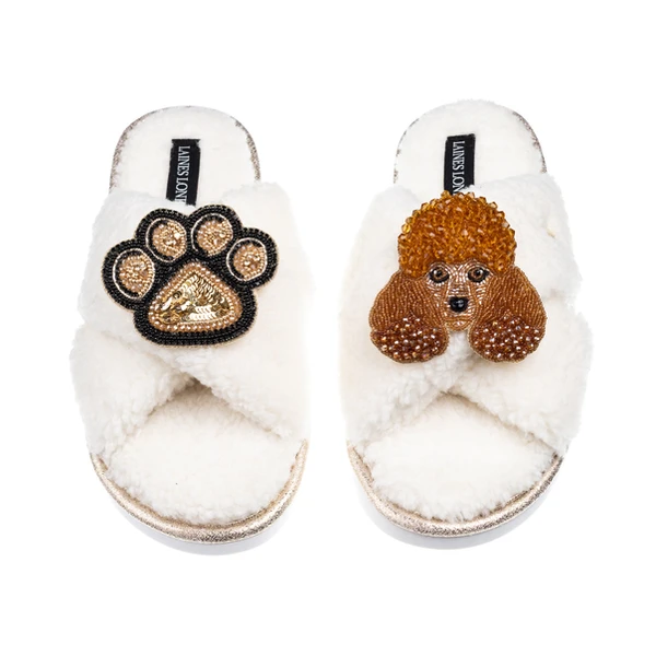Laines London Laines Neutral Boucle Slippers With Tutu The Poodle & Paw Brooches