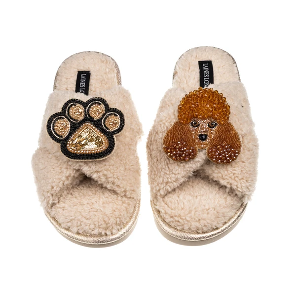 laines london Laines Neutral Boucle Slippers With Tutu The Poodle & Paw Brooches