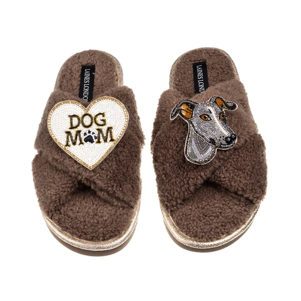 Laines London Laines Neutral Boucle Slippers With Vinny The Iggy & Dog Mum/Mom Brooches