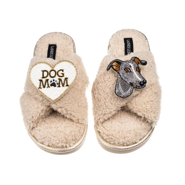 Laines London Laines Neutral Boucle Slippers With Vinny The Iggy & Dog Mum/Mom Brooches