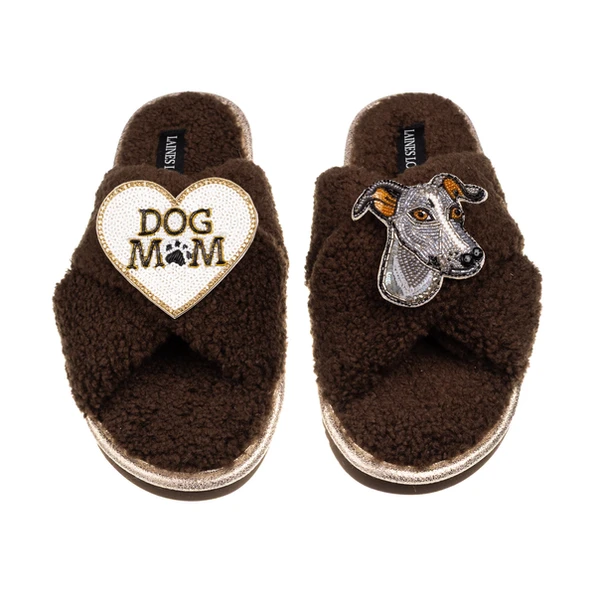 Laines London Laines Neutral Boucle Slippers With Vinny The Iggy & Dog Mum/Mom Brooches