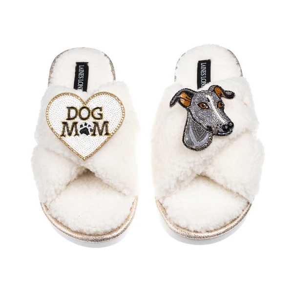 laines london Laines Neutral Boucle Slippers With Vinny The Iggy & Dog Mum/Mom Brooches