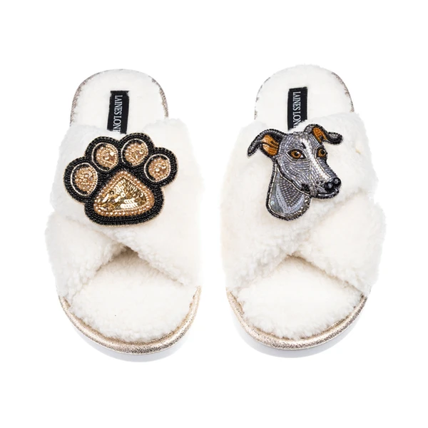 Laines London Laines Neutral Boucle Slippers With Vinny The Italian Greyhound & Paw Brooches