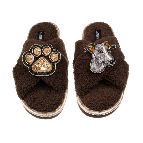 Laines London Laines Neutral Boucle Slippers With Vinny The Italian Greyhound & Paw Brooches