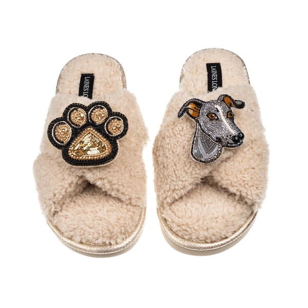 Laines London Laines Neutral Boucle Slippers With Vinny The Italian Greyhound & Paw Brooches