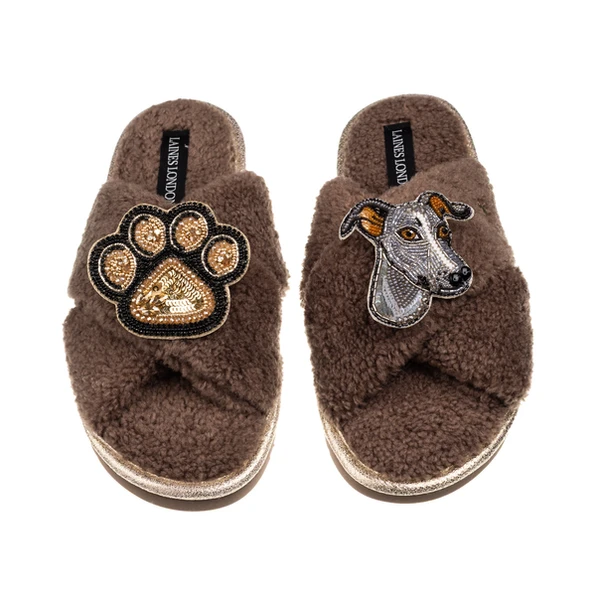 laines london Laines Neutral Boucle Slippers With Vinny The Italian Greyhound & Paw Brooches