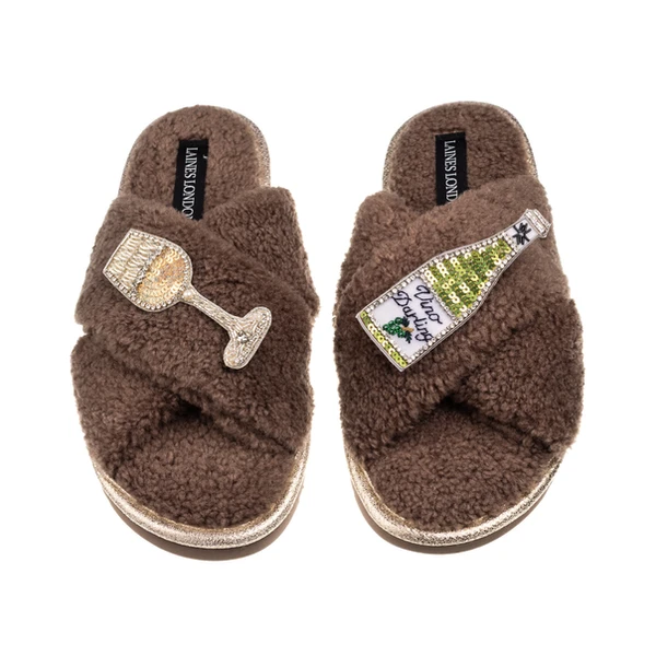Laines London Laines Neutral Boucle Slippers With Vino Darling Brooches