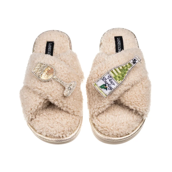 Laines London Laines Neutral Boucle Slippers With Vino Darling Brooches