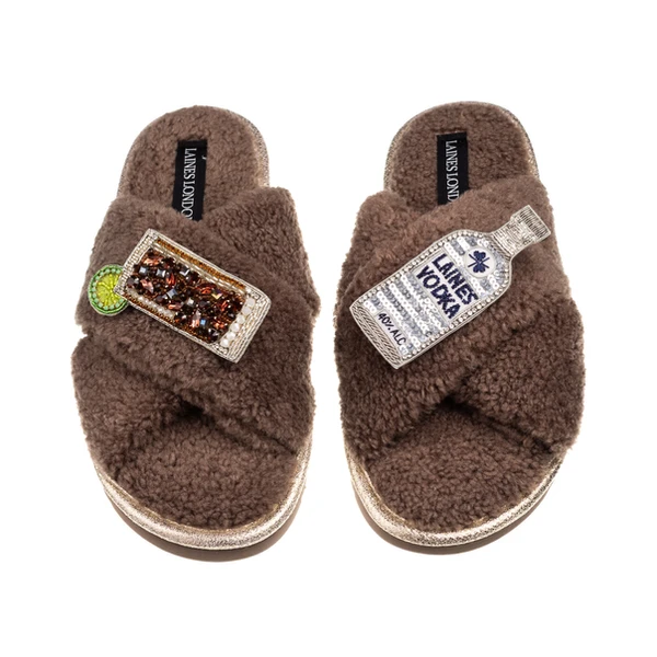 Laines London Laines Neutral Boucle Slippers With Vodka & Coke Brooches