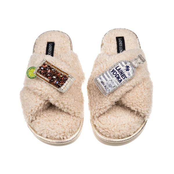 Laines London Laines Neutral Boucle Slippers With Vodka & Coke Brooches