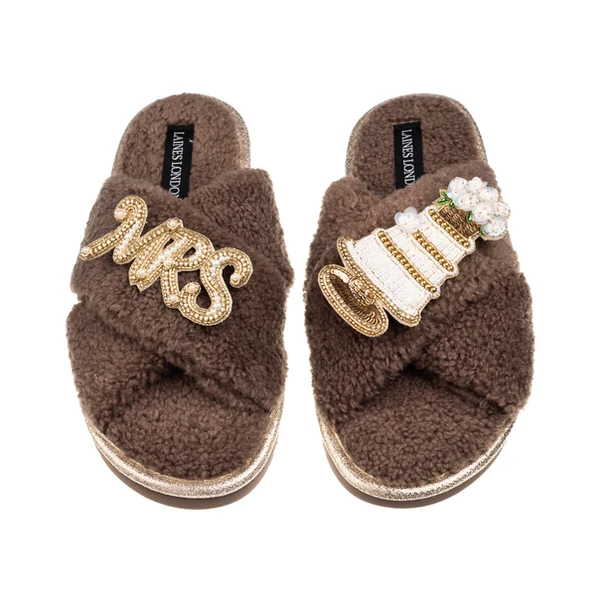 Laines London Laines Neutral Boucle Slippers With Wedding Cake & Mrs Brooches