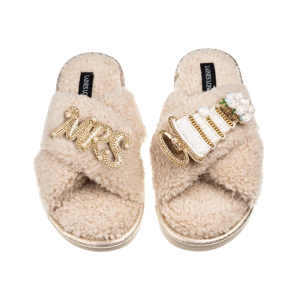 Laines London Laines Neutral Boucle Slippers With Wedding Cake & Mrs Brooches