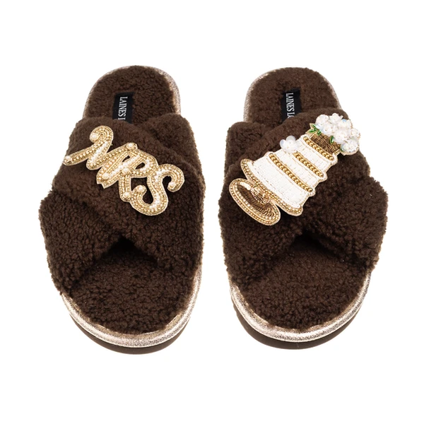 Laines London Laines Neutral Boucle Slippers With Wedding Cake & Mrs Brooches