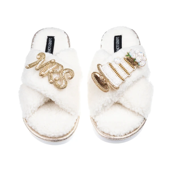 laines london Laines Neutral Boucle Slippers With Wedding Cake & Mrs Brooches