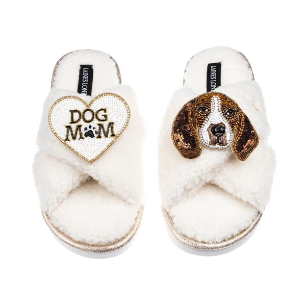 Laines London Laines Neutral Boucle Slippers With Ziggy The Beagle & Dog Mum / Mom Brooches
