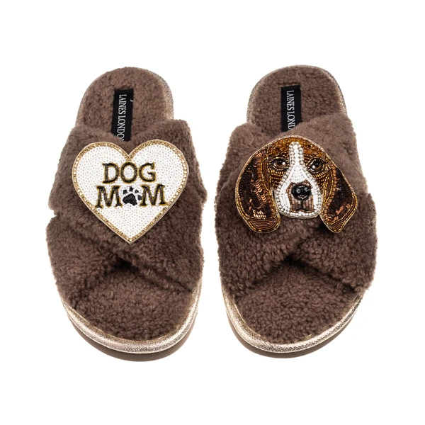 Laines London Laines Neutral Boucle Slippers With Ziggy The Beagle & Dog Mum / Mom Brooches