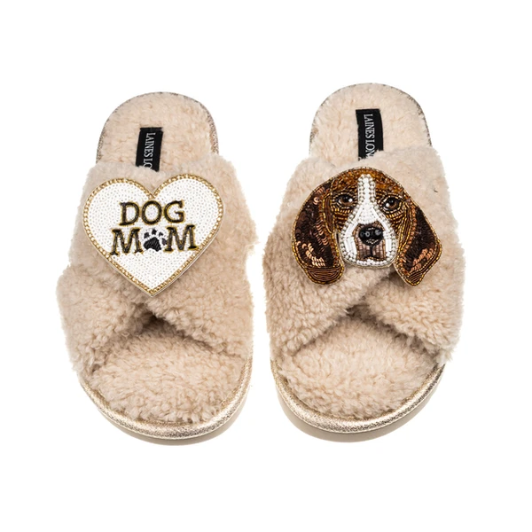 Laines London Laines Neutral Boucle Slippers With Ziggy The Beagle & Dog Mum / Mom Brooches