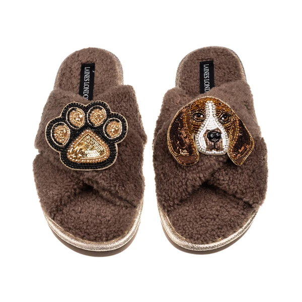 Laines London Laines Neutral Boucle Slippers With Ziggy The Beagle & Paw Brooches