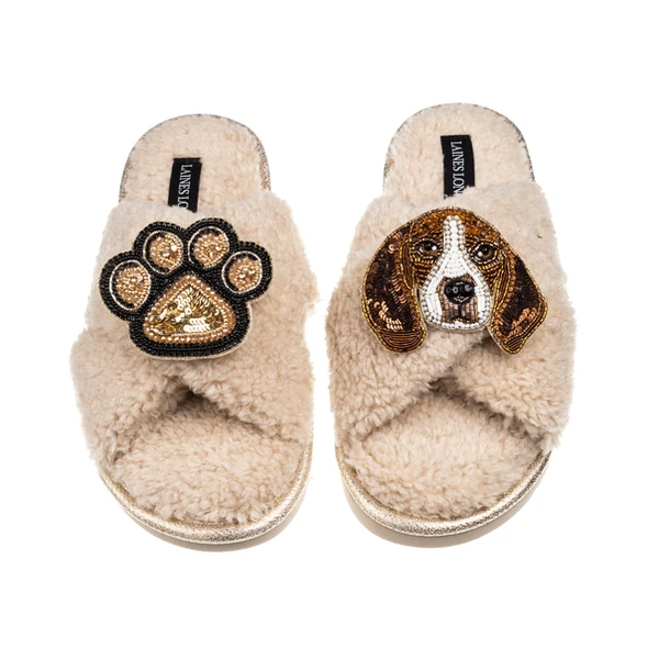 Laines London Laines Neutral Boucle Slippers With Ziggy The Beagle & Paw Brooches