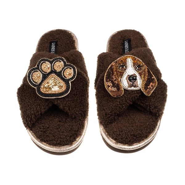 Laines London Laines Neutral Boucle Slippers With Ziggy The Beagle & Paw Brooches
