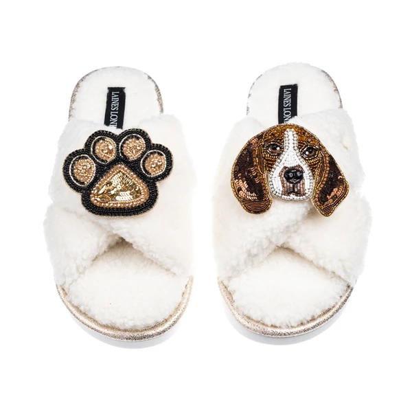 laines london Laines Neutral Boucle Slippers With Ziggy The Beagle & Paw Brooches