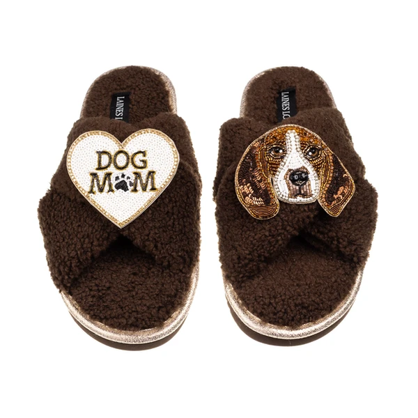 laines london Laines Neutral Boucle Slippers With Ziggy The Beagle & Dog Mum / Mom Brooches