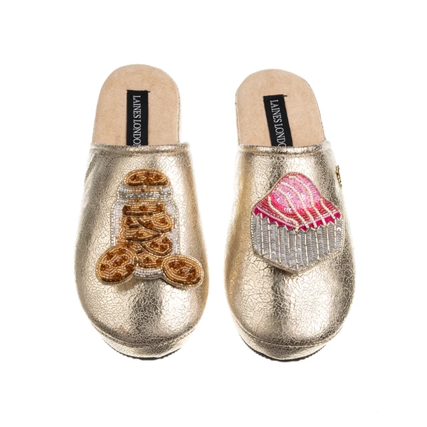 Laines London Laines X Juliet Gold Softie Slippers With Cookie Jar & French Fancy Brooches