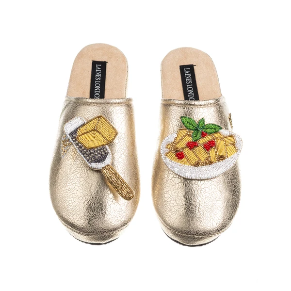 laines london Laines X Juliet Gold Softie Slippers With Parmesan & Pasta Brooches