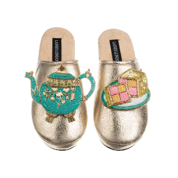 laines london Laines X Juliet Gold Softie Slippers With Tea & Battenberg Cake Brooches