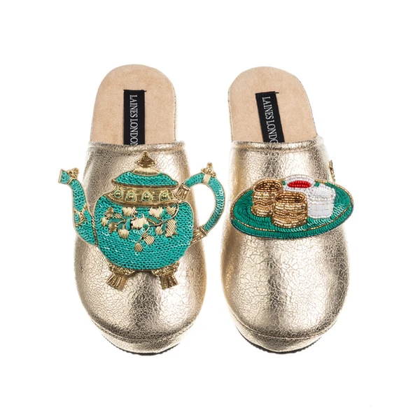 laines london Laines X Juliet Gold Softie Slippers With Tea & Scones Brooches