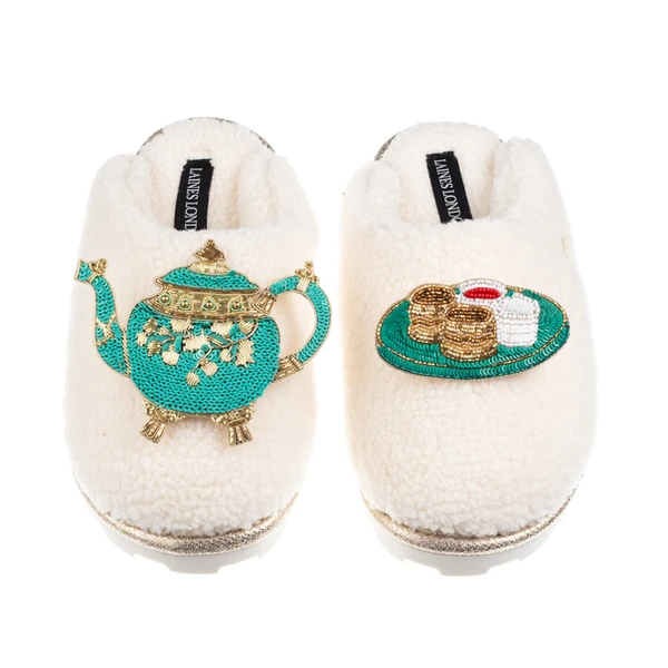 Laines London Laines X Juliet Teddy Closed Toe Slippers With Tea & Scones Brooches