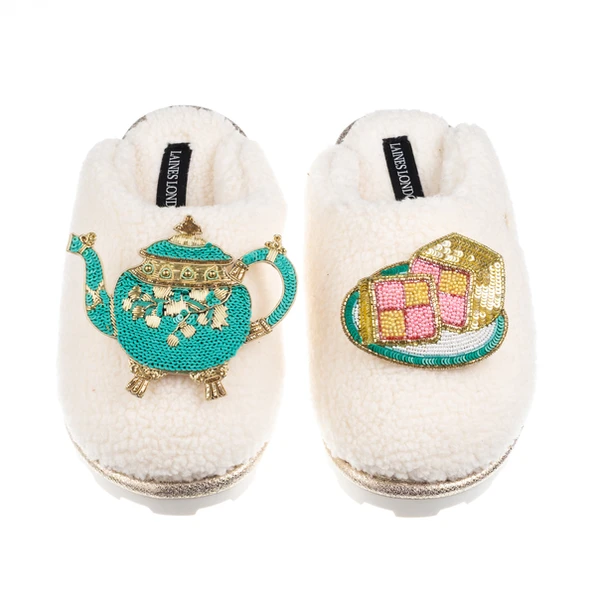 laines london Laines X Juliet Teddy Closed Toe Slippers With Tea & Battenberg Cake Brooches