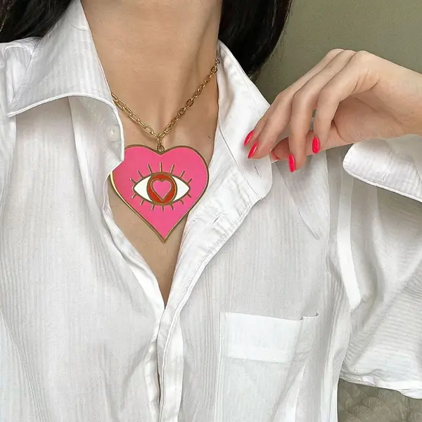 Laines London Pink Red & Gold Heart Eye Statement Collar Necklace