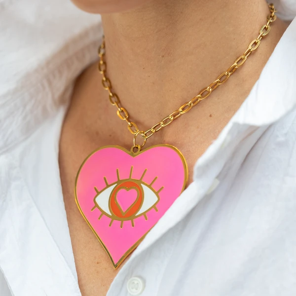 laines london Pink Red & Gold Heart Eye Statement Collar Necklace
