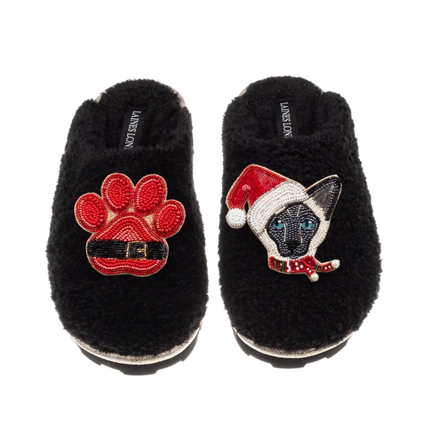 Laines London Teddy Closed Toe Slipper With Christmas Black & White Siamese Cat & Paw Brooches