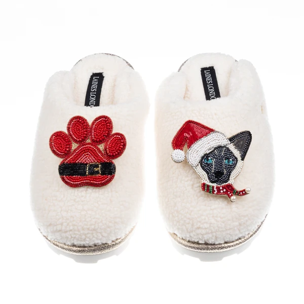 Laines London Teddy Closed Toe Slipper With Christmas Black & White Siamese Cat & Paw Brooches