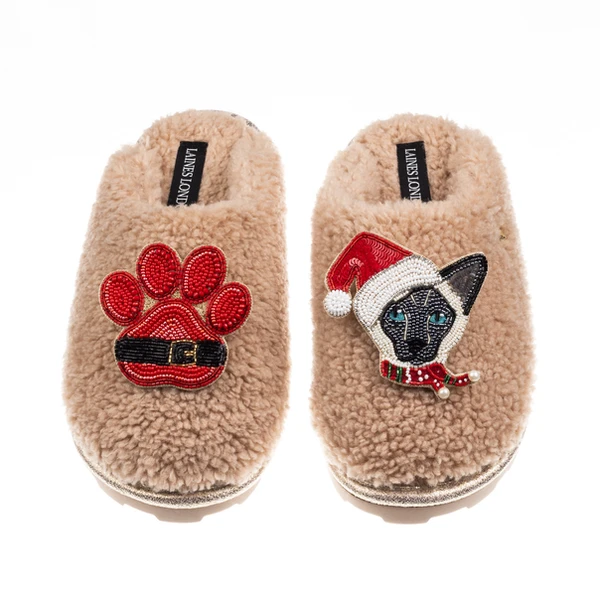 laines london Teddy Closed Toe Slipper With Christmas Black & White Siamese Cat & Paw Brooches