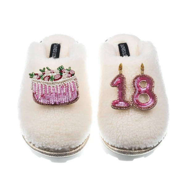 Laines London Teddy Closed Toe Slippers With 18th Birthday & Cake Brooches
