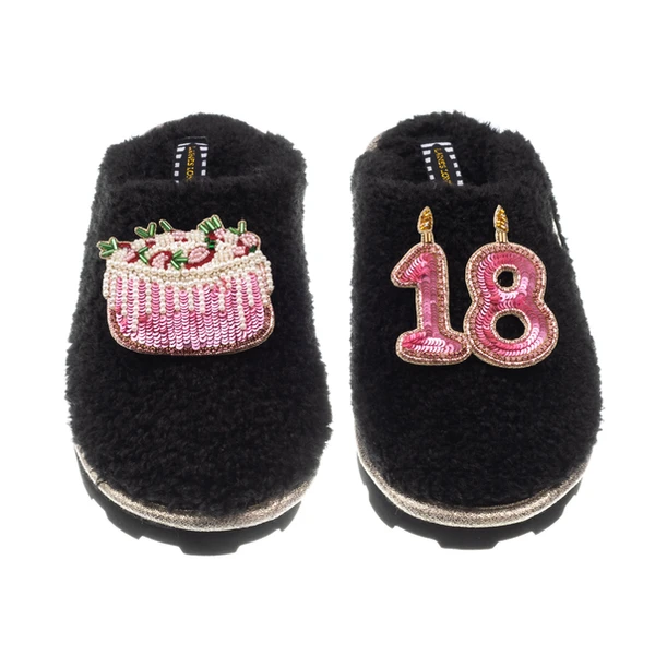 Laines London Teddy Closed Toe Slippers With 18th Birthday & Cake Brooches