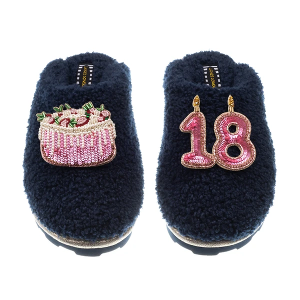 laines london Teddy Closed Toe Slippers With 18th Birthday & Cake Brooches