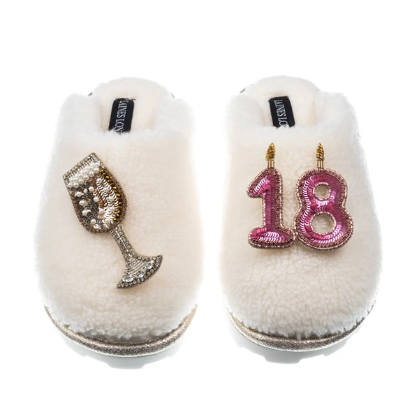 Laines London Teddy Closed Toe Slippers With 18th Birthday & Champagne Glass Brooches