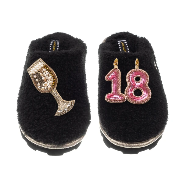 Laines London Teddy Closed Toe Slippers With 18th Birthday & Champagne Glass Brooches