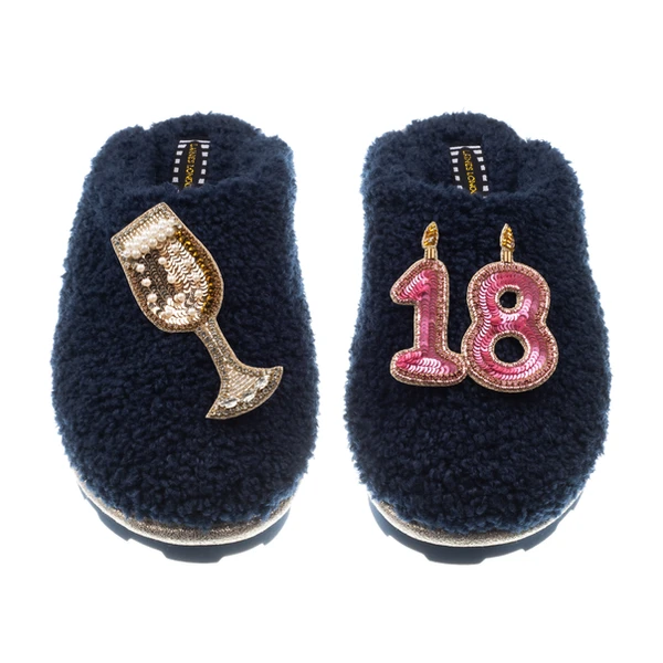 Laines London Teddy Closed Toe Slippers With 18th Birthday & Champagne Glass Brooches