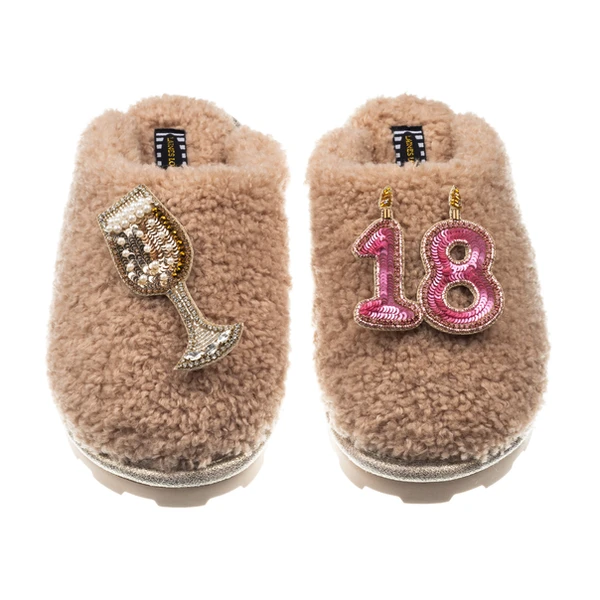 laines london Teddy Closed Toe Slippers With 18th Birthday & Champagne Glass Brooches