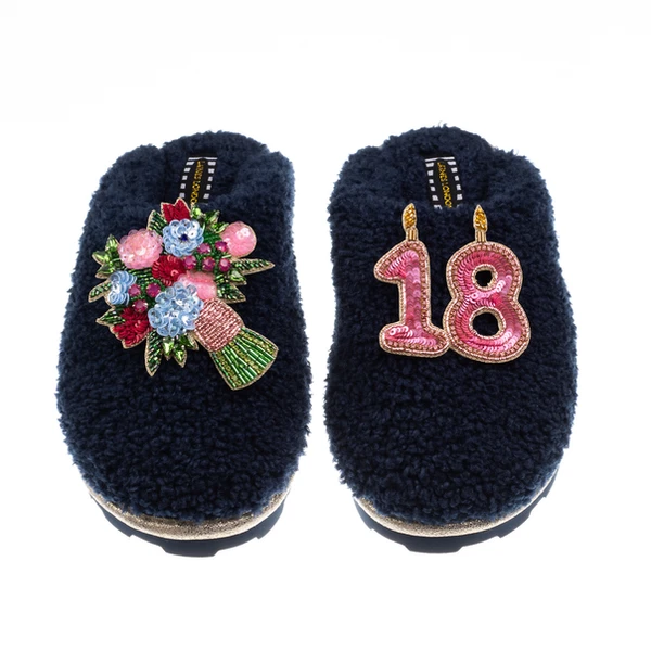 Laines London Teddy Closed Toe Slippers With 18th Birthday & Flowers Brooches