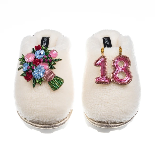 Laines London Teddy Closed Toe Slippers With 18th Birthday & Flowers Brooches